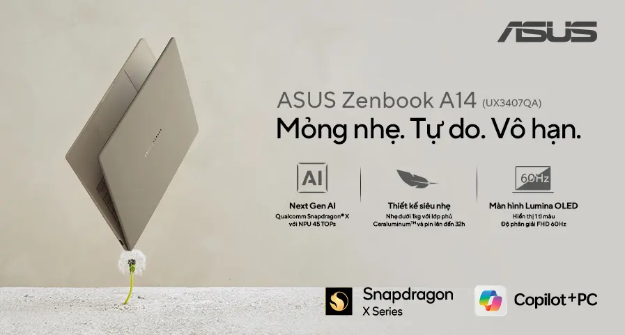 ASUS ZENBOOK A14 (UX3407) CHÍNH THỨC RA MẮT: LAPTOP AI COPILOT+ NHẸ NHẤT THẾ GIỚI, PIN TRÂU, MÀN HÌNH OLED